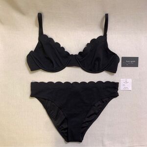 KATE SPADE Scallop Pique Dot Textured Two Piece Underwire Bikini — LARGE — Black